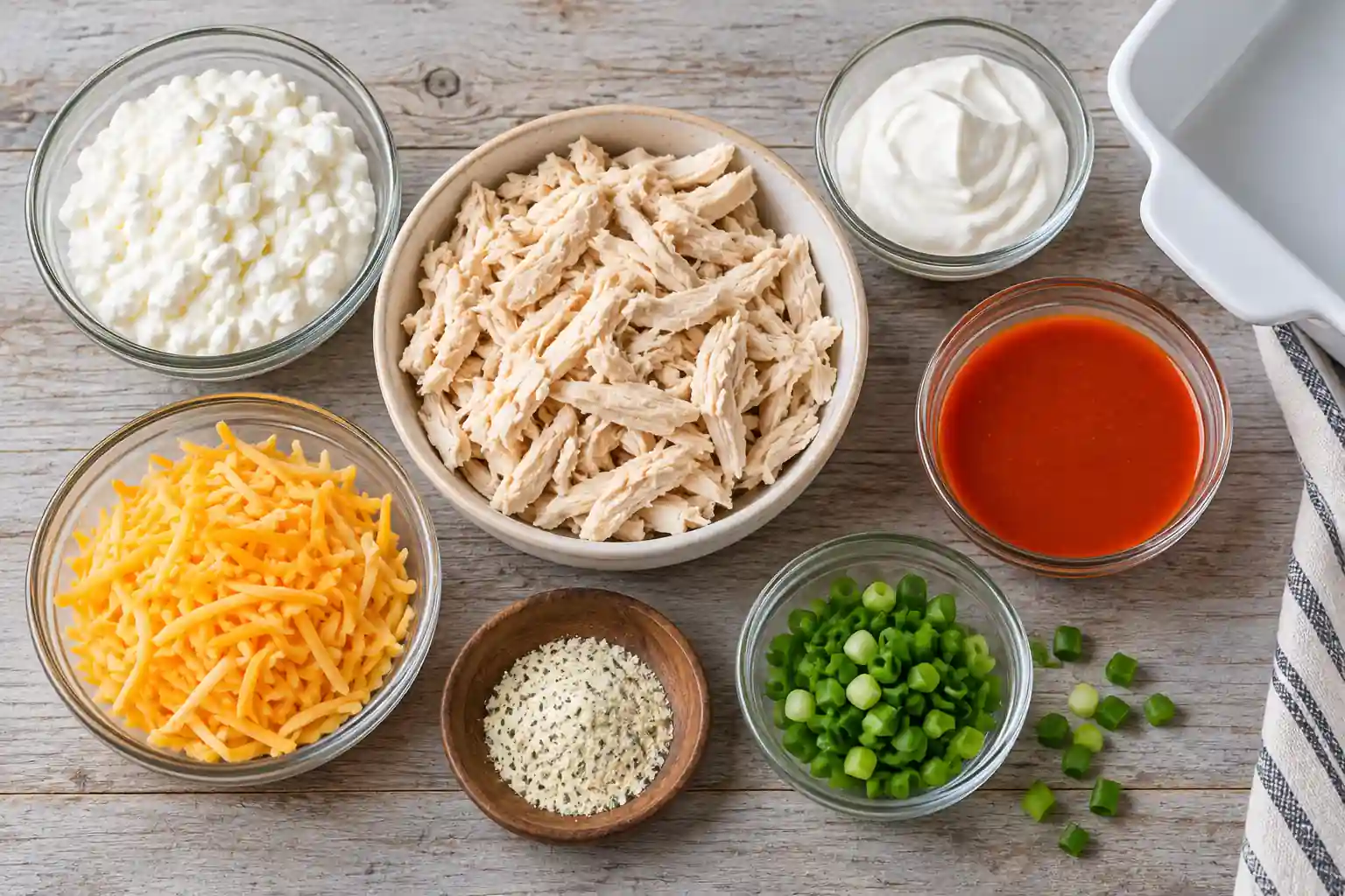 High protein buffalo chicken dip ingredients: cottage cheese, chicken, Greek yogurt, hot sauce, cheddar, ranch seasoning, and scallions.