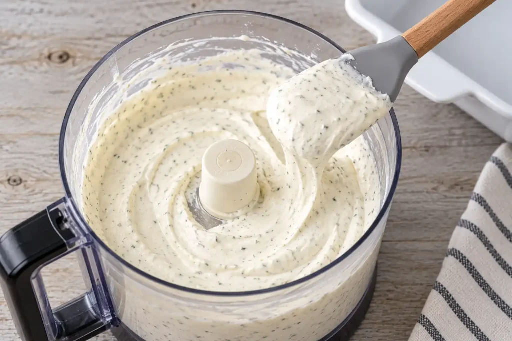 Blended cottage cheese, Greek yogurt, and ranch seasoning forming a smooth base in a food processor.