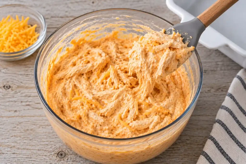 Shredded chicken coated with buffalo sauce and blended cottage cheese mixture in a glass bowl.