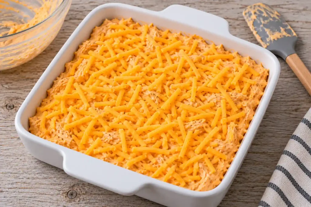 Unbaked buffalo chicken dip spread in a white baking dish with shredded cheddar on top.