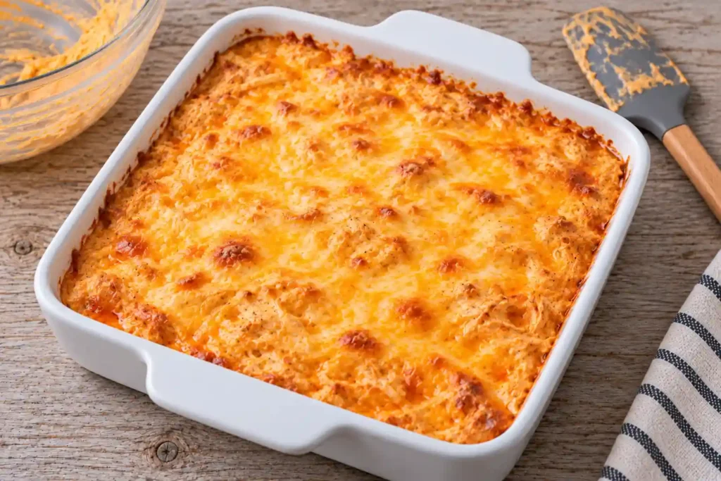 Baked buffalo chicken dip with melted cheddar and bubbling edges before adding scallions.