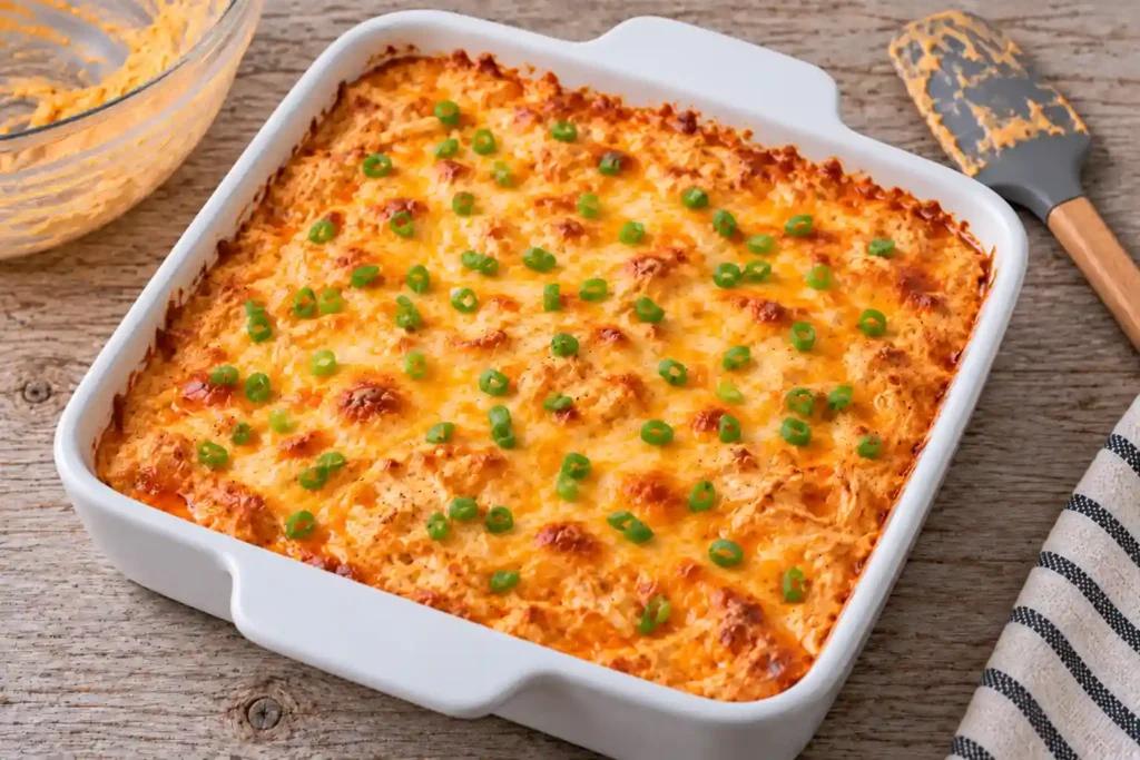 Buffalo chicken dip in a white baking dish, topped with sliced scallions and ready to serve.