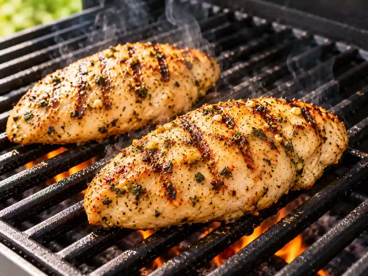 Lemon herb chicken breasts cooking on a grill with visible grill marks