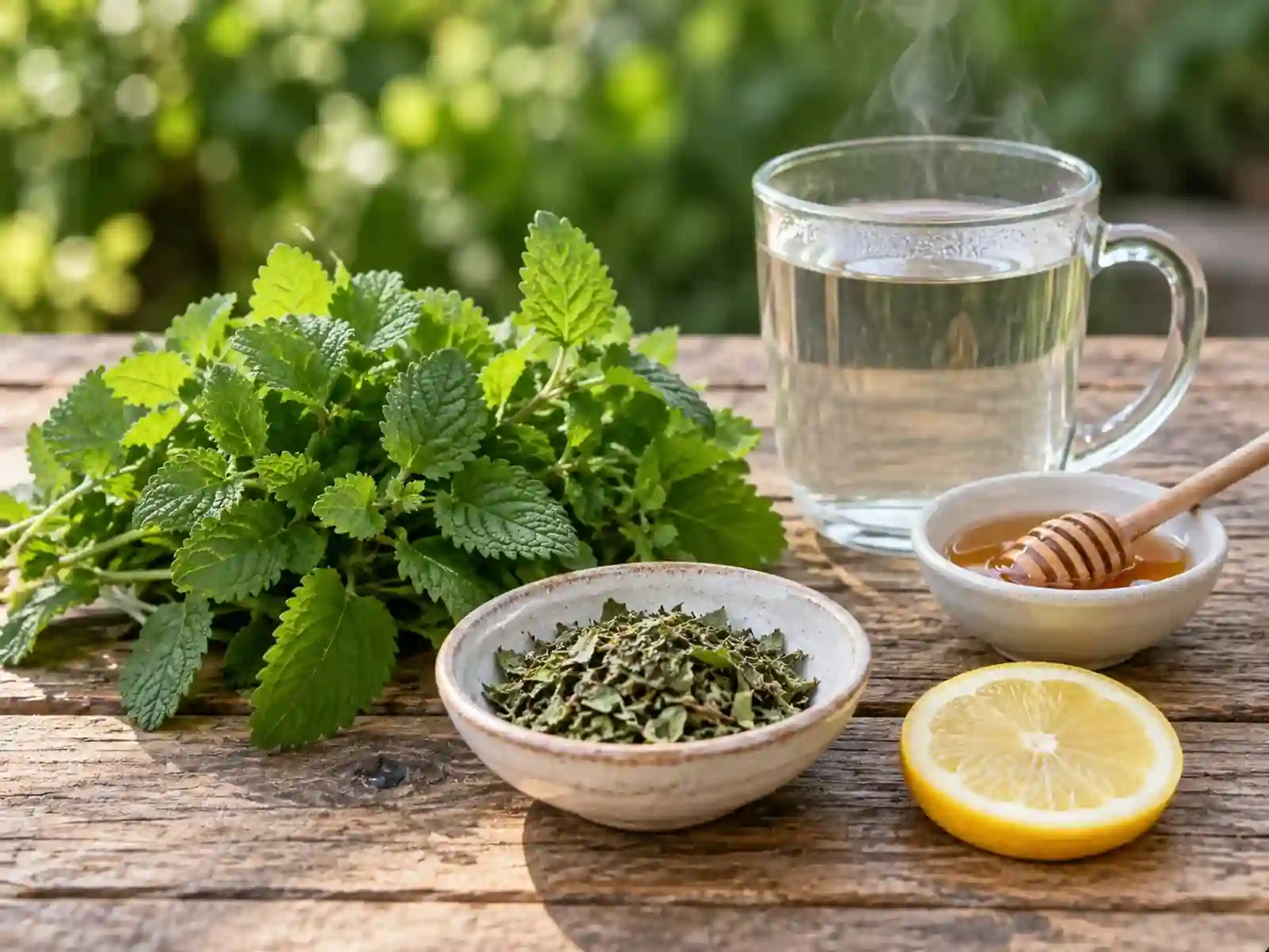 Fresh and dried lemon balm leaves with honey, a lemon slice, and hot water
