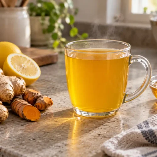 Lemon ginger turmeric tea in a clear glass mug with fresh ginger, turmeric, and lemon.