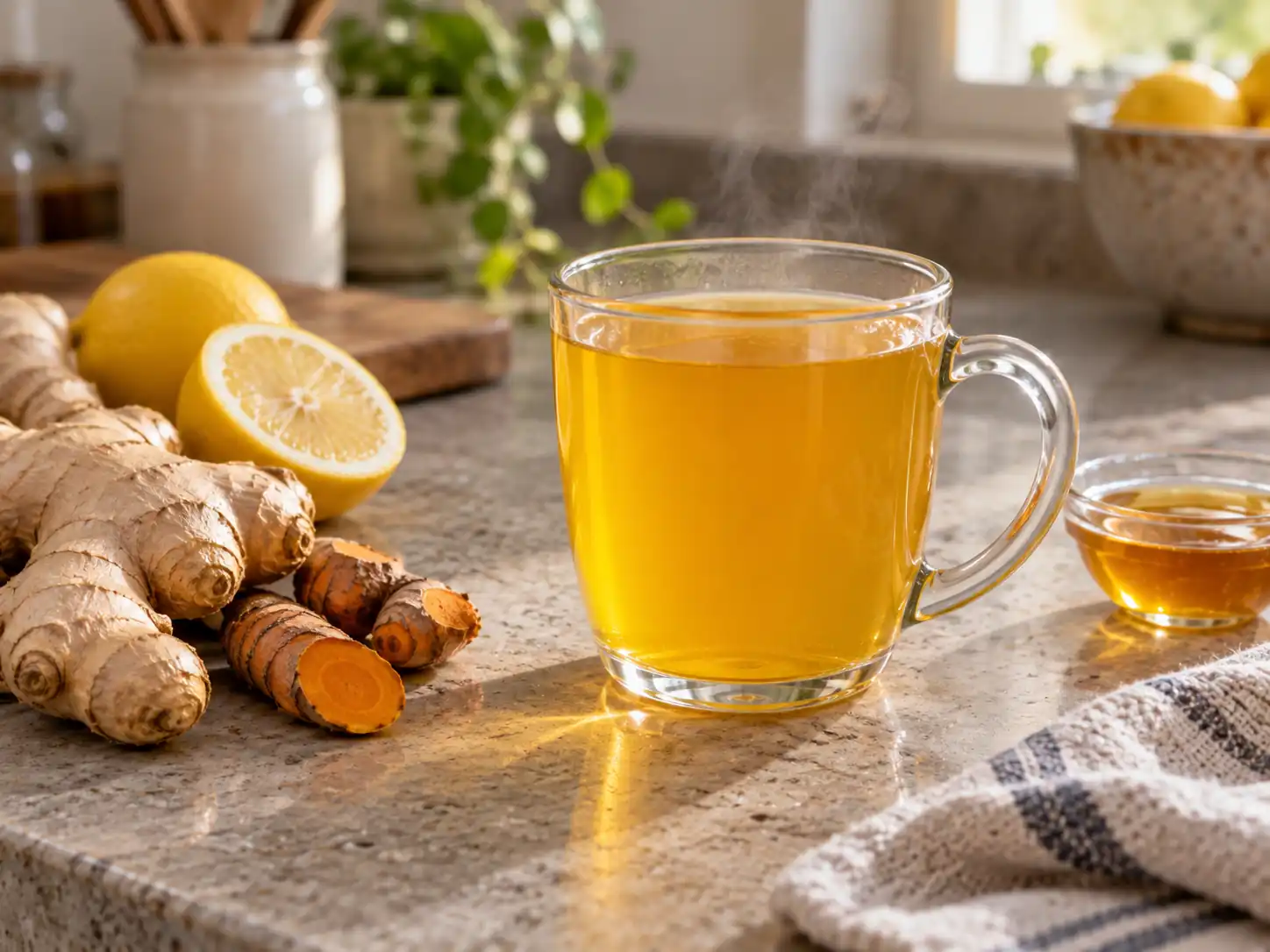 Lemon ginger turmeric tea in a clear glass mug with fresh ginger, turmeric, and lemon.
