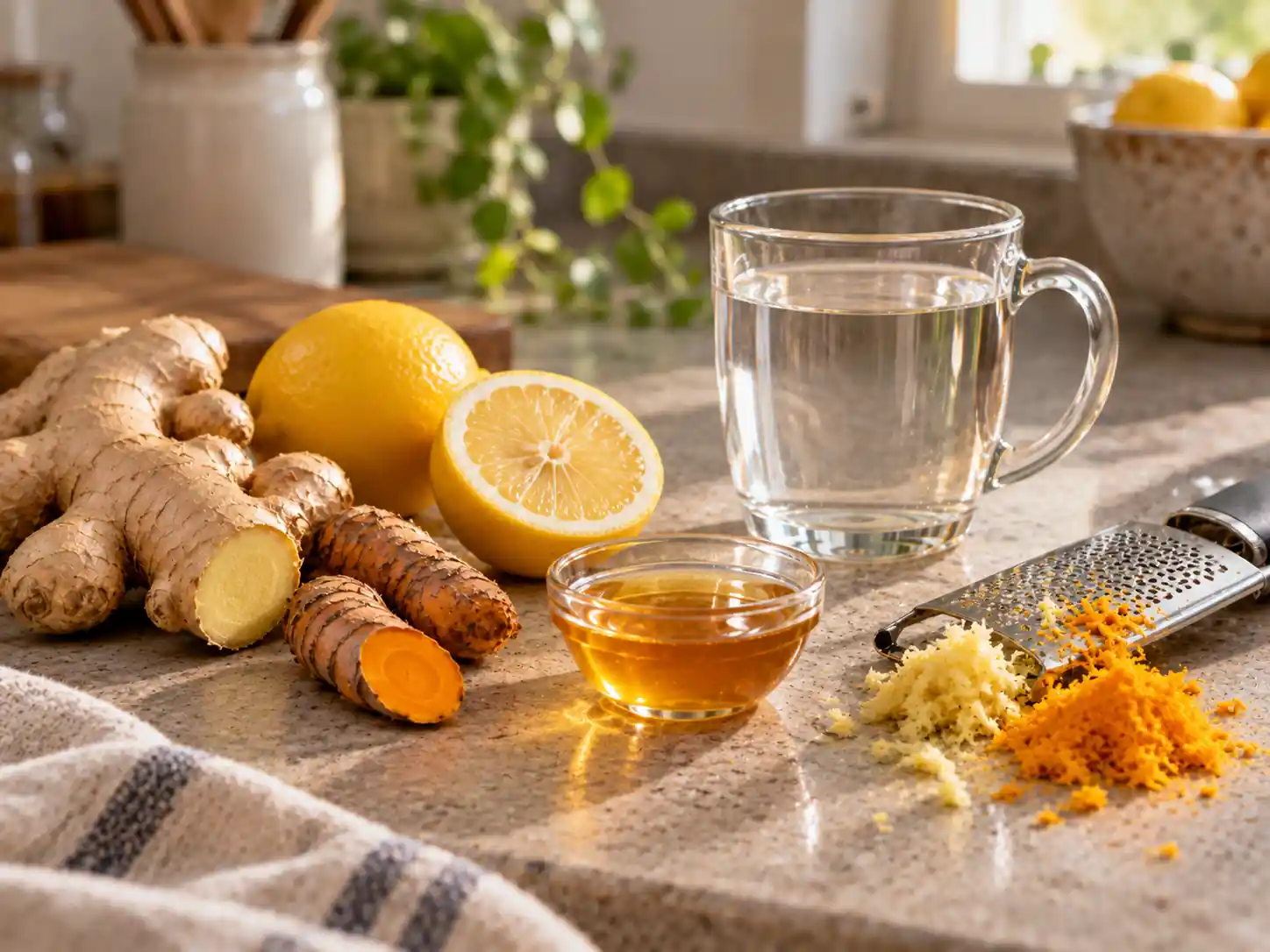 Fresh ginger, turmeric root, lemon, water, and honey for lemon ginger turmeric tea.