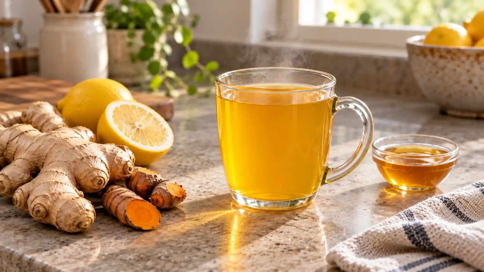 Warm lemon ginger turmeric tea served in a clear glass mug with lemon, ginger, and turmeric.