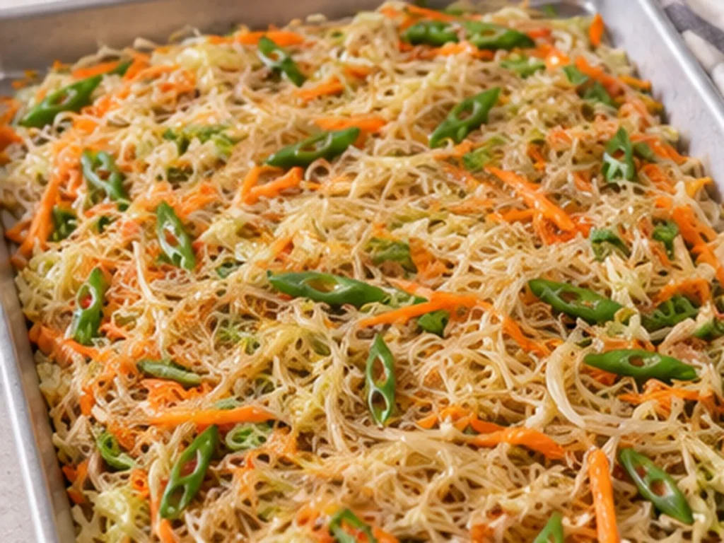 Cooked glass noodle filling spread on a sheet pan to cool