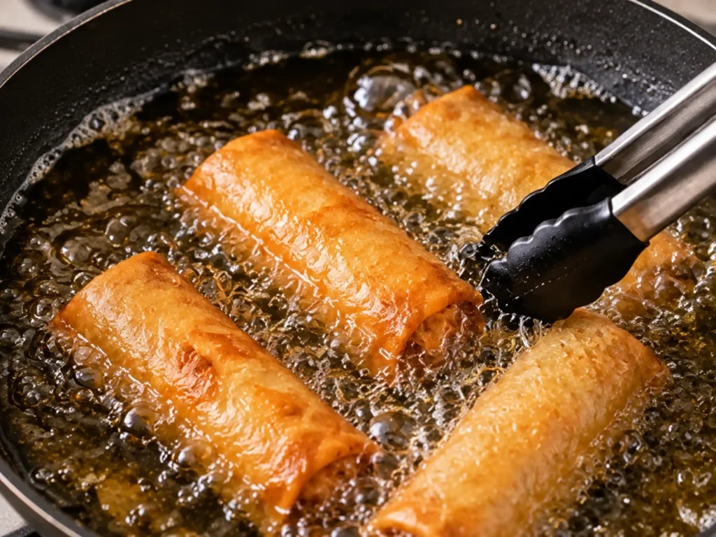 Filipino spring rolls frying in hot oil until crisp and golden