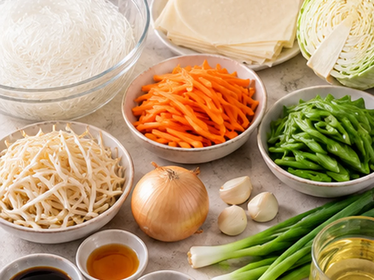 Ingredients for vegetable Lumpiang Sotanghon with glass noodles and fresh vegetables