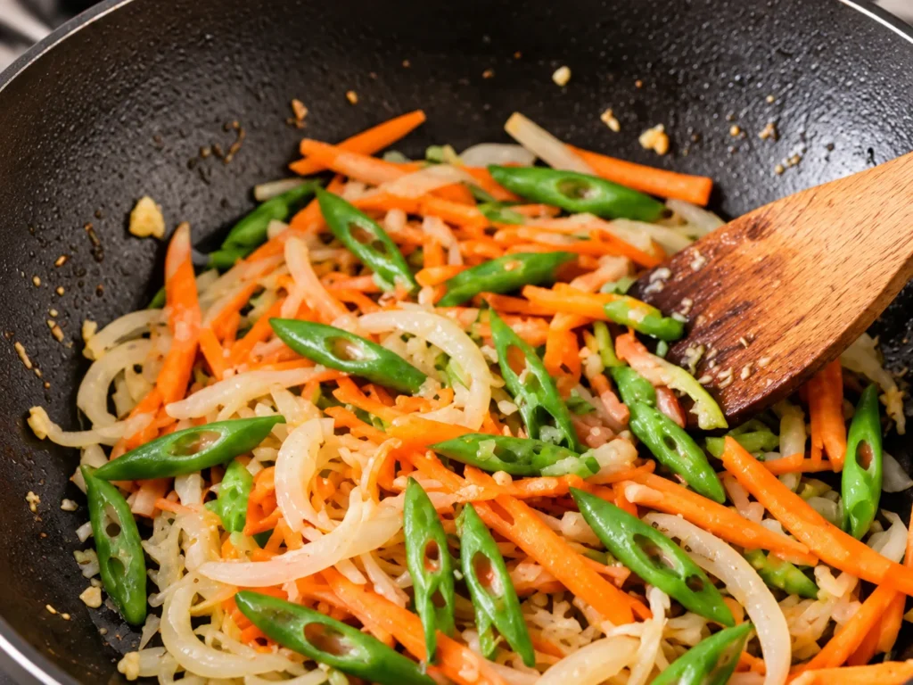 Garlic, onion, carrots, and green beans sautéing in a skillet