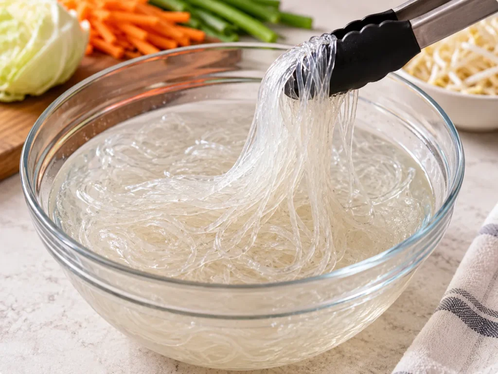 Sotanghon glass noodles soaking in warm water until flexible