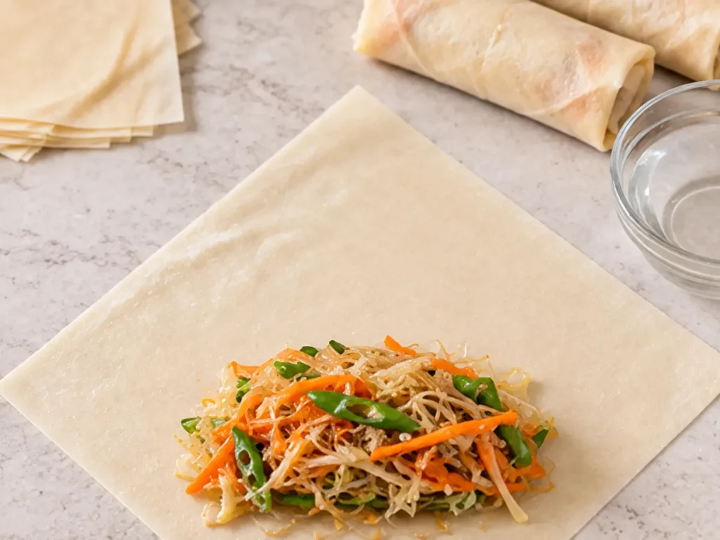Vegetable sotanghon filling being rolled in a thin lumpia wrapper