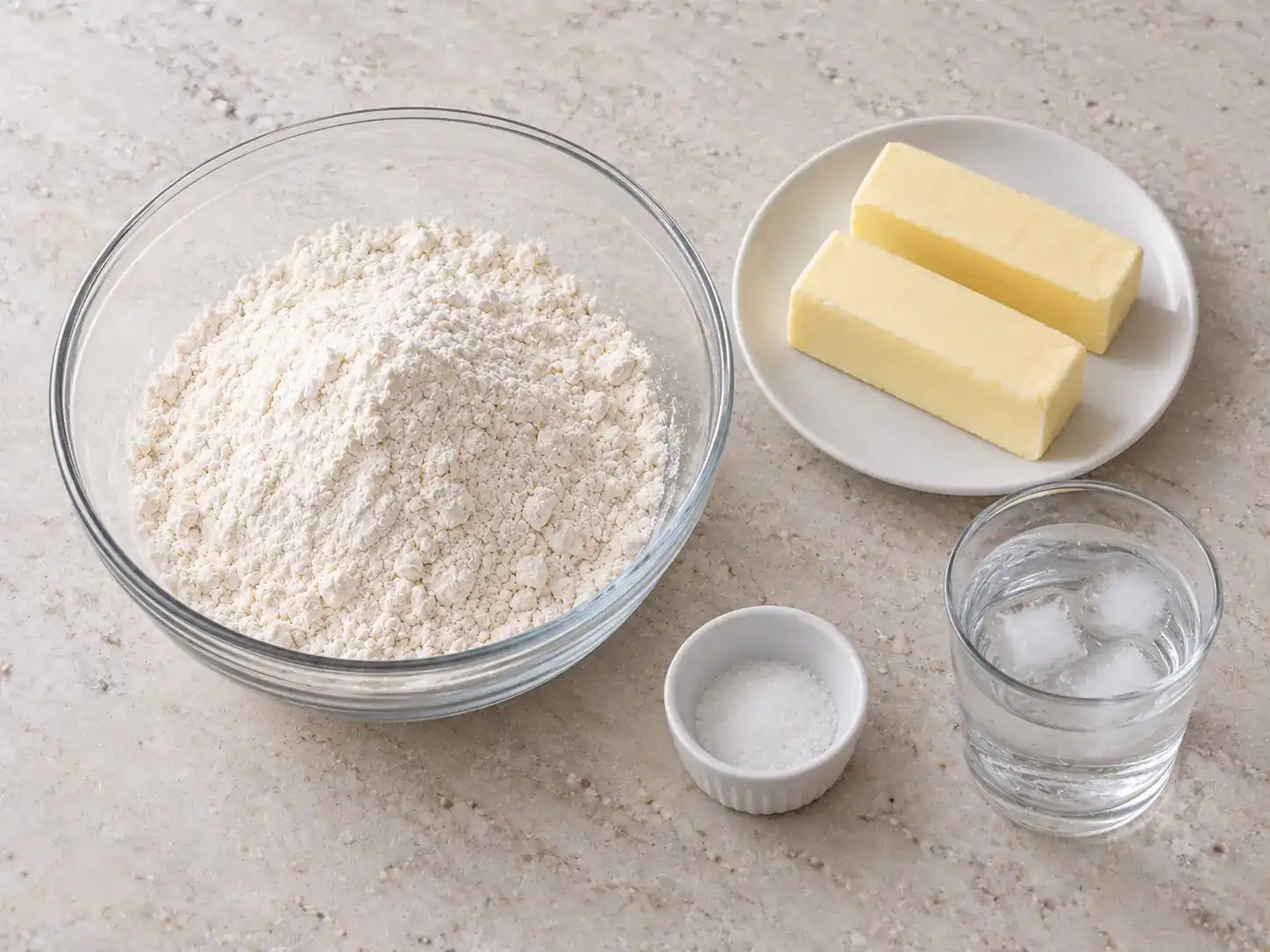 Flour, two sticks of unsalted butter, fine salt and ice water arranged separately