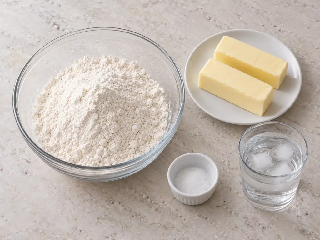 Two chilled sticks of unsalted butter arranged with flour, fine salt and ice water