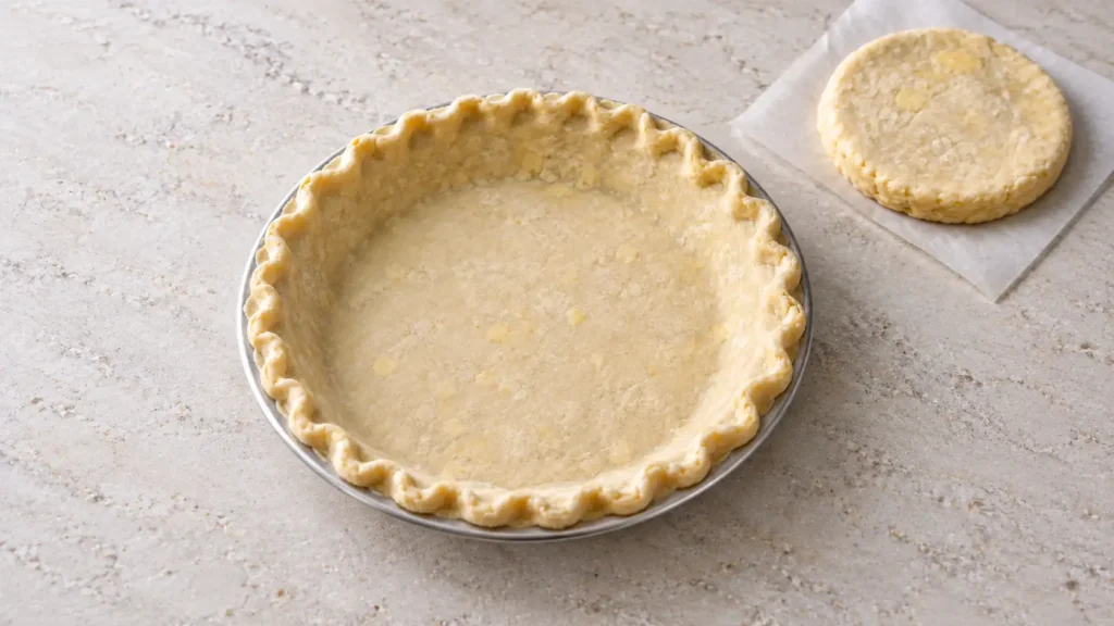 Unbaked pie crust fitted into a 9-inch pie plate with a second dough disk nearby