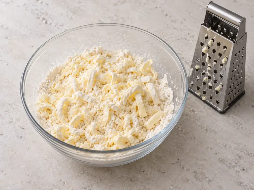 Pale butter shreds coated in dry flour in a glass bowl beside a box grater