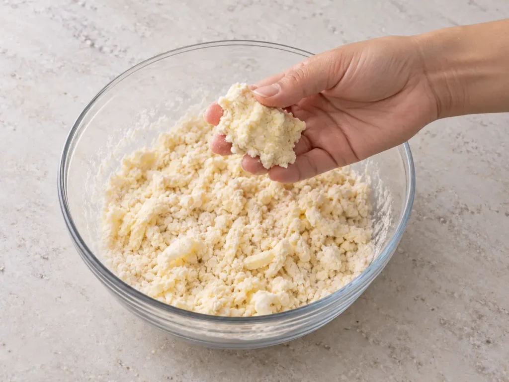 A hand holds a rough clump of hydrated dough above loose crumbs in a glass bowl