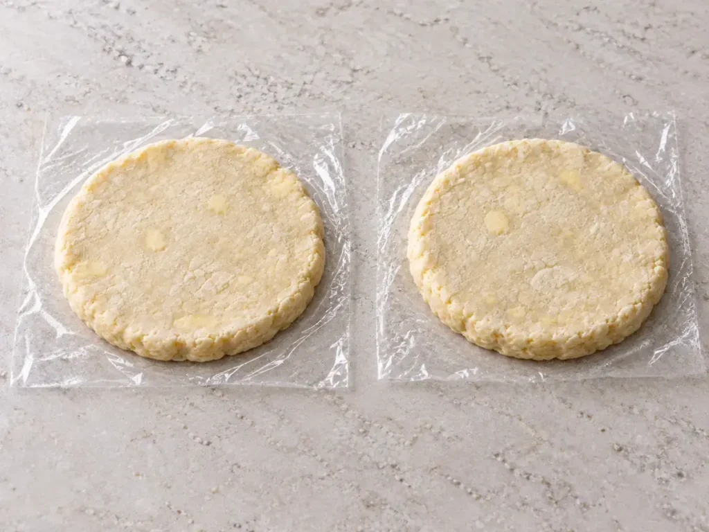 Two equal flat disks of raw pastry with butter flecks on separate sheets of plastic wrap
