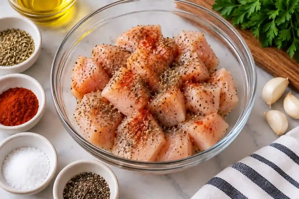 Chicken pieces seasoned with Italian herbs and paprika for garlic parmesan chicken pasta