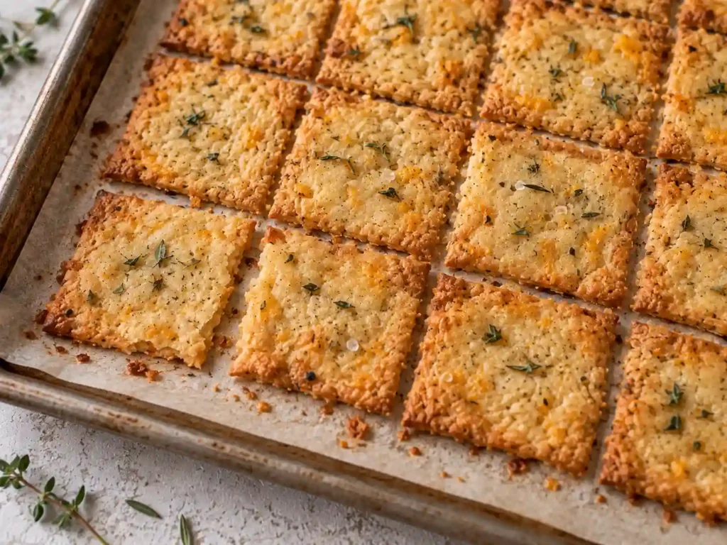 Sourdough discard crackers baked golden and crisp on a sheet pan