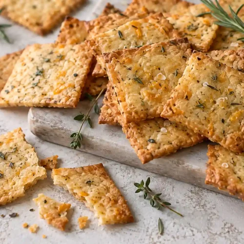 Sourdough discard crackers with cheddar, rosemary, and thyme baked thin and crisp