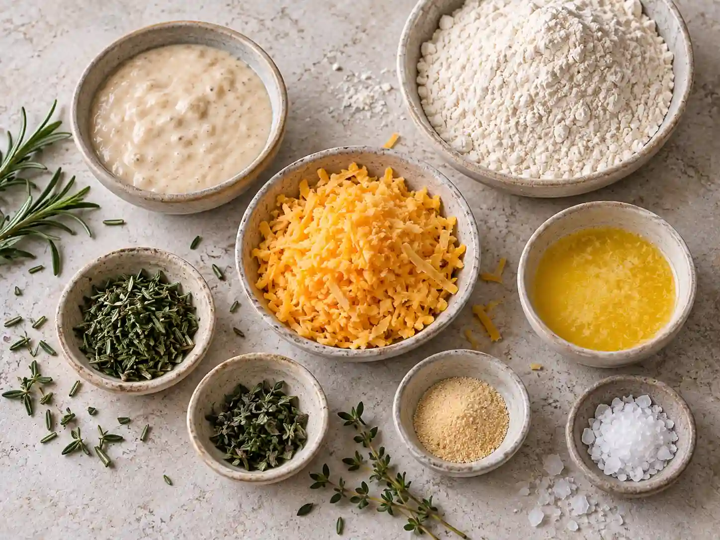 Sourdough discard crackers ingredients with discard, flour, cheddar, butter, rosemary, thyme, garlic powder, and sea salt