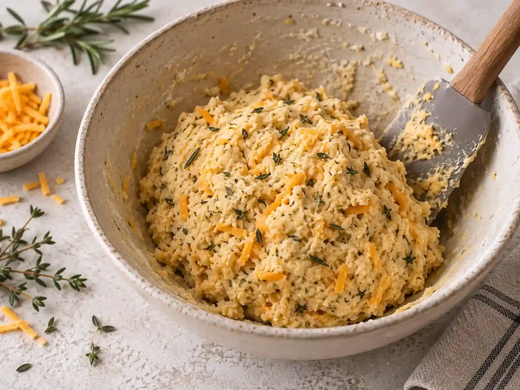Sourdough discard crackers dough mixed with cheddar and fresh herbs