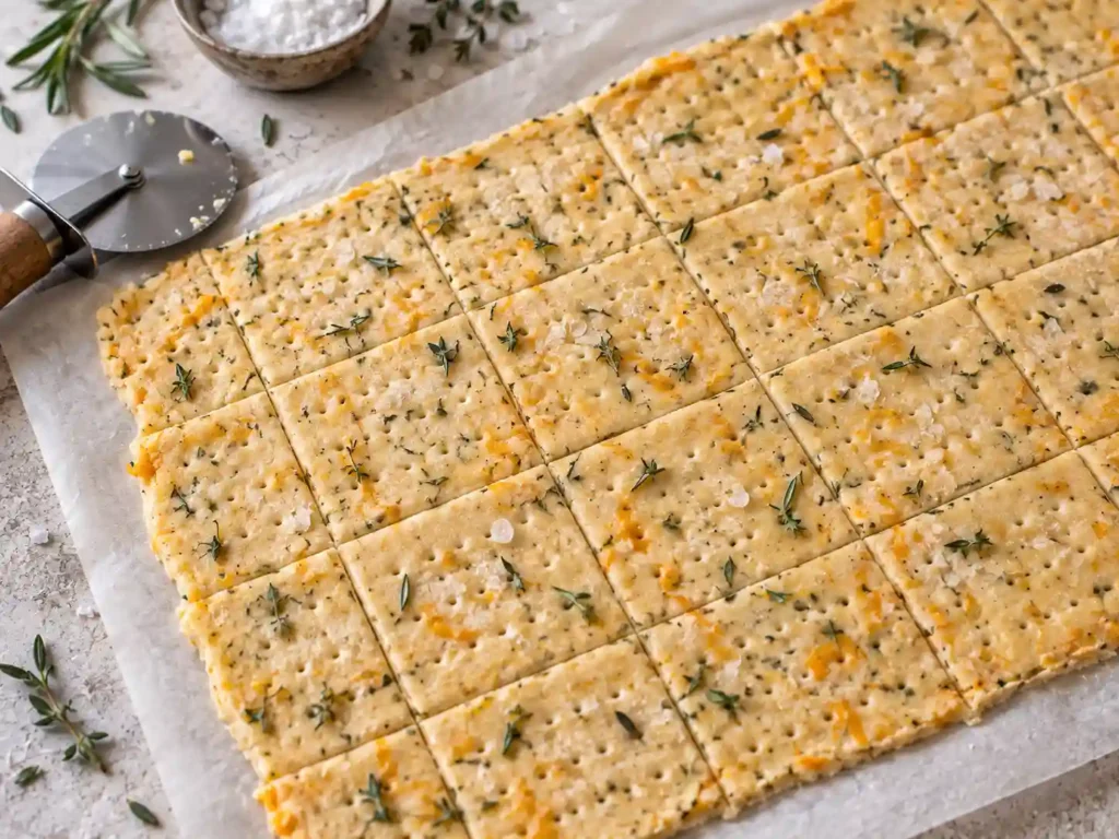Sourdough discard crackers dough scored into squares and docked before baking