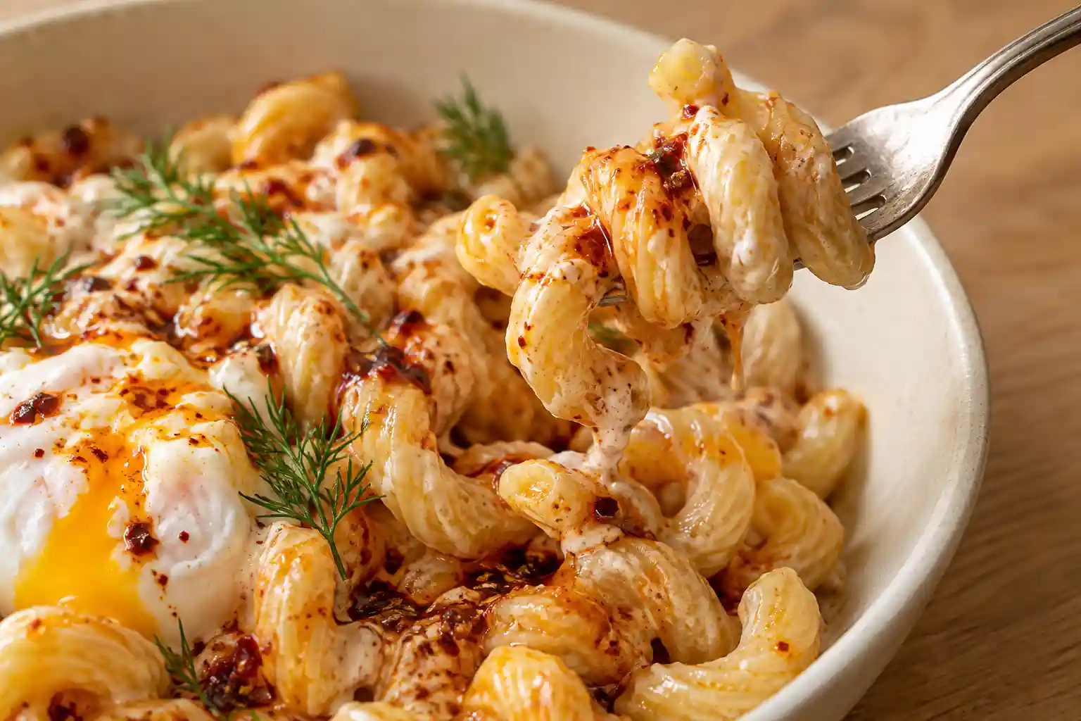 Close-up detail of creamy Turkish eggs pasta with garlic yogurt and chili butter