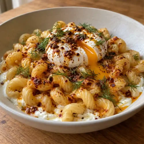 Turkish eggs pasta with garlic yogurt, poached egg, chili butter, and dill
