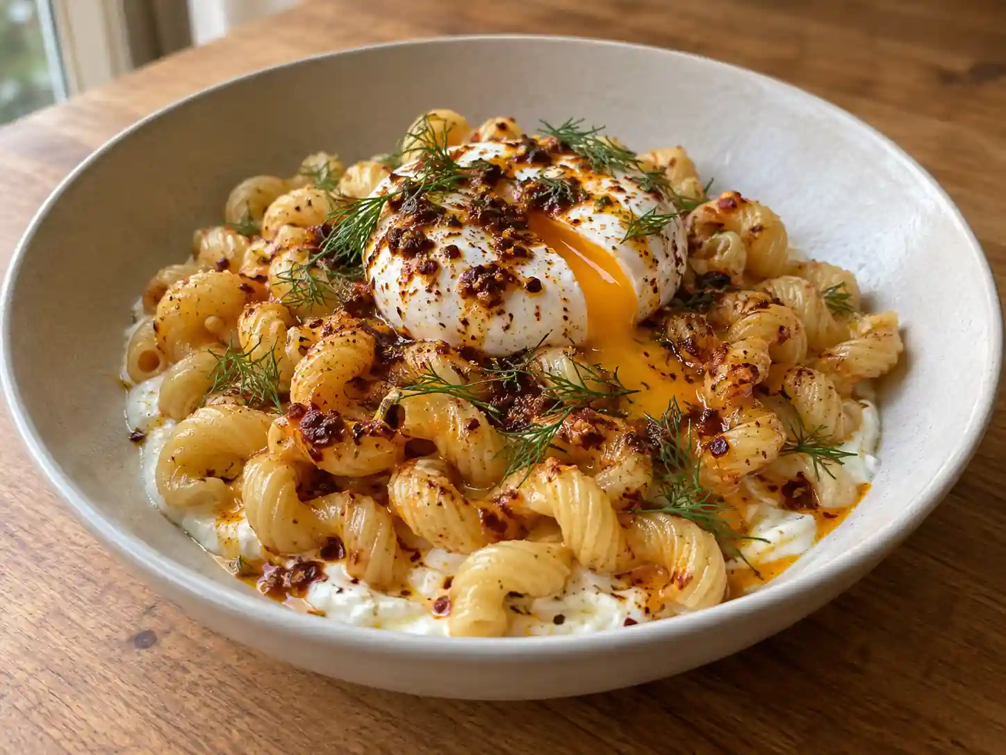 Turkish eggs pasta with garlic yogurt, poached egg, chili butter, and dill