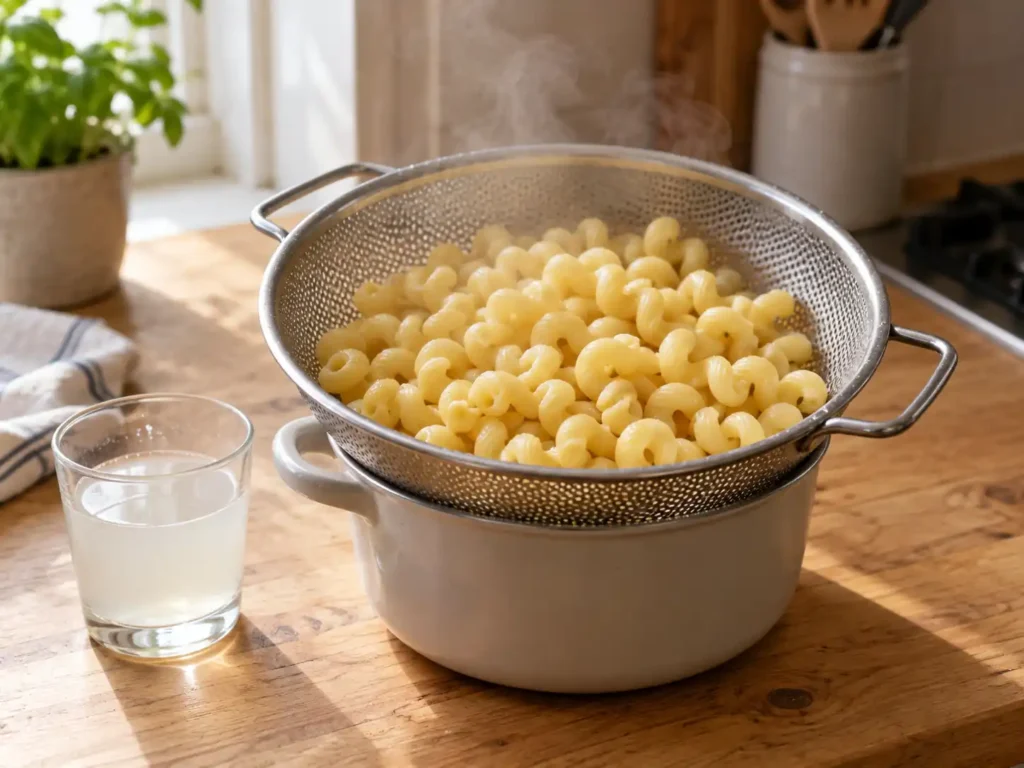 Cavatappi pasta draining with reserved pasta water for Turkish eggs pasta