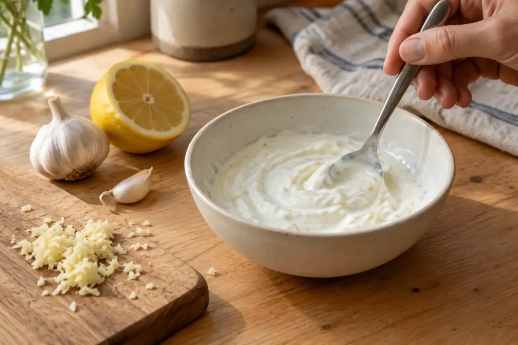 Garlic yogurt sauce with Greek yogurt, garlic, and lemon