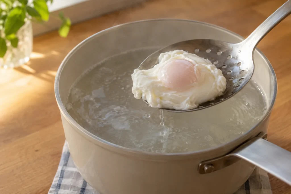Poached egg lifted from gently simmering water