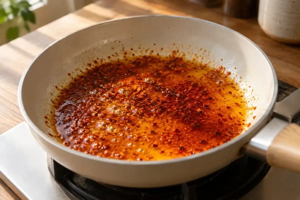 Aleppo pepper butter with sweet paprika in a skillet
