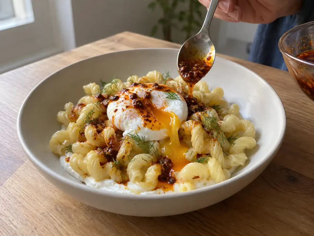 Assembling Turkish eggs pasta with garlic yogurt and chili butter