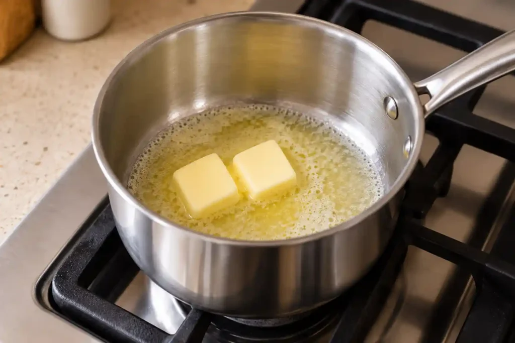 Garlic Parmesan sauce starts with two tablespoons of butter melting