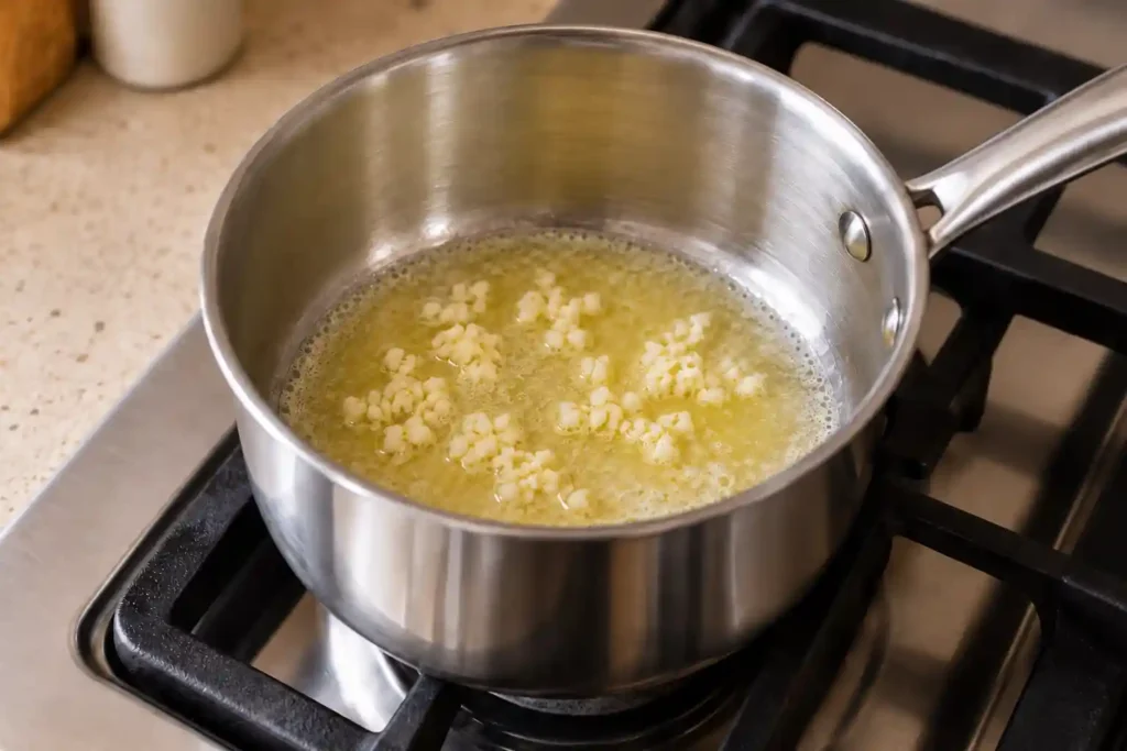 Two minced garlic cloves cooking gently in melted butter