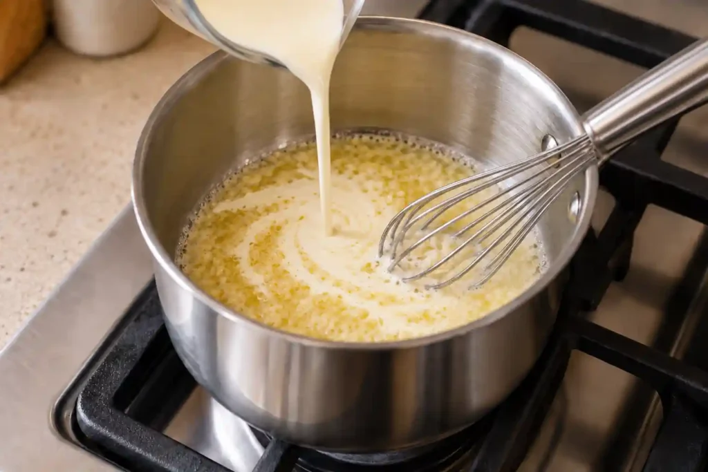Heavy cream poured into garlic butter for Parmesan sauce