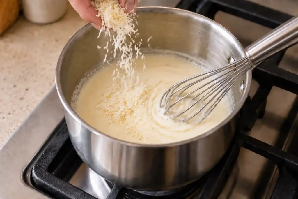 Finely grated Parmesan added gradually to cream sauce