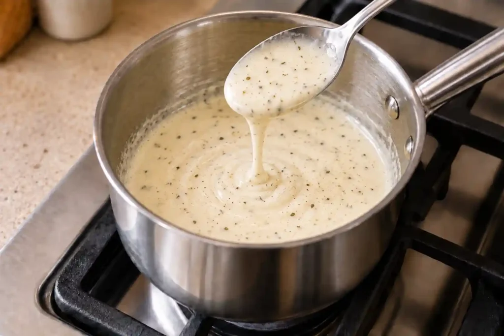 Finished garlic Parmesan sauce coating a spoon