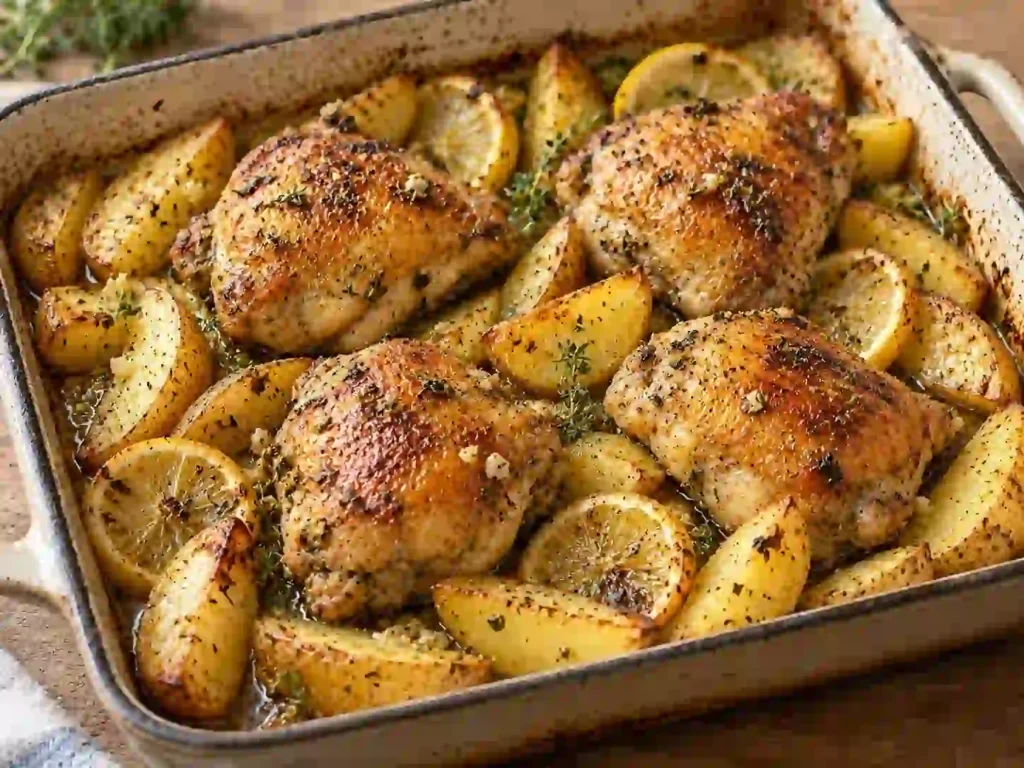 Four golden roasted chicken thighs with potato wedges, herbs and lemon slices in a roasting pan.