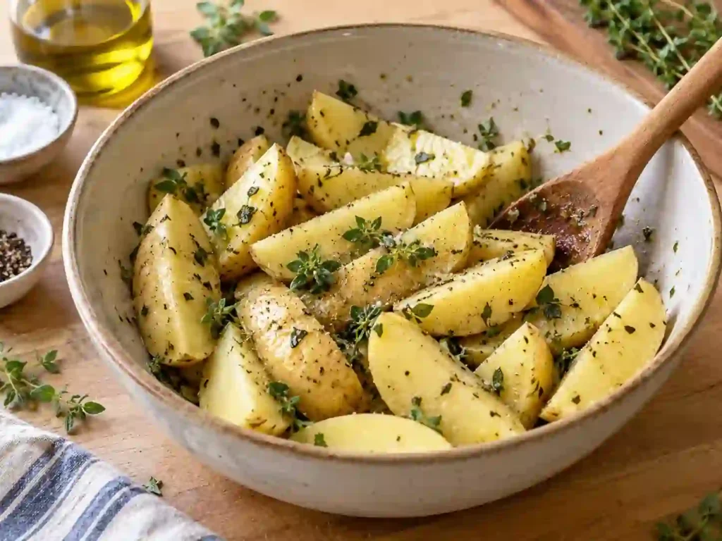 Raw potato wedges tossed with olive oil, oregano, thyme, salt and pepper in a mixing bowl.