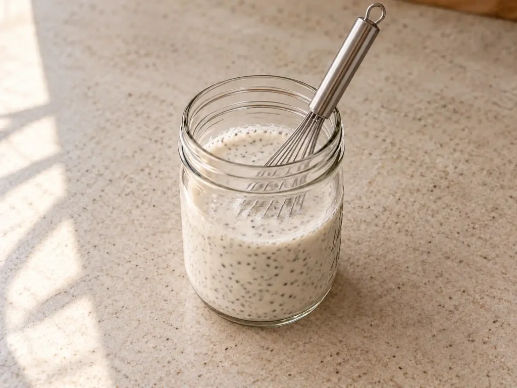 Chia seeds whisked into the vanilla protein base