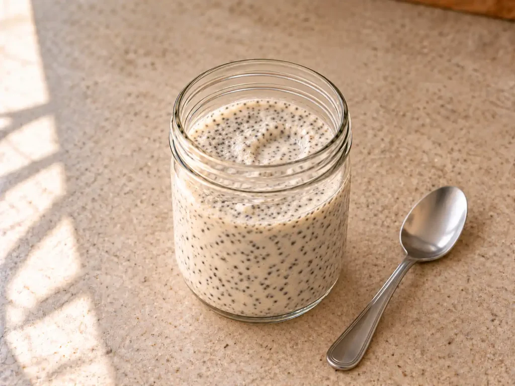 Thick vanilla high-protein chia pudding in a glass jar