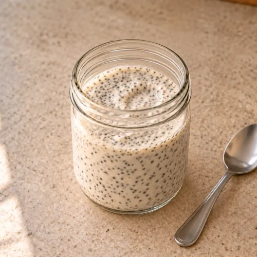 Thick vanilla high-protein chia pudding in a glass jar