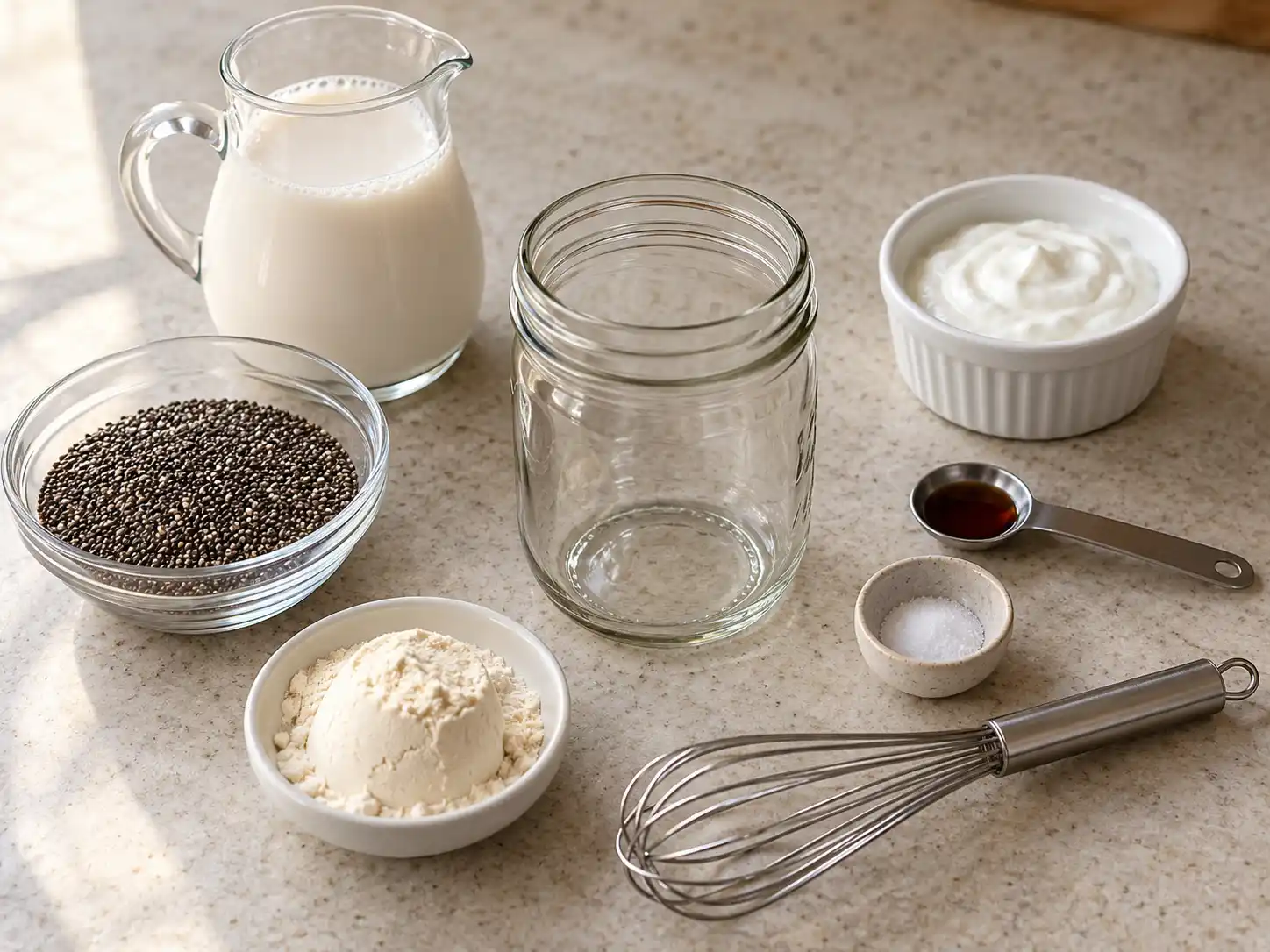 Measured ingredients for vanilla protein chia pudding