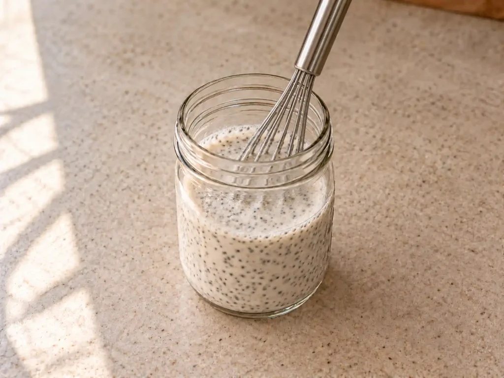 Thickened protein chia pudding being whisked a second time